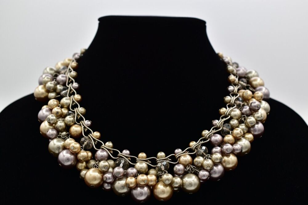 Vintage Cluster Beaded Collar Necklace Faux Pearl Chunky Multi-Color 70s Bin3C